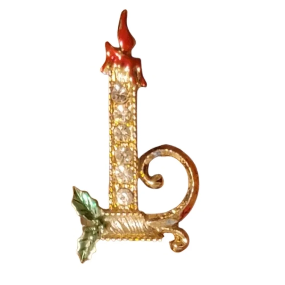 Vintage Rhinestone Christmas Candle Brooch Gold Tone Holly Candlestick Pin
